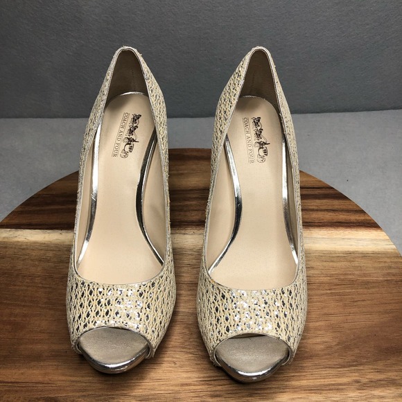 Coach and Four Quillan Open Peep Toe Heel Champagne/Silver Sparkle Size 8.5 - Picture 2 of 8